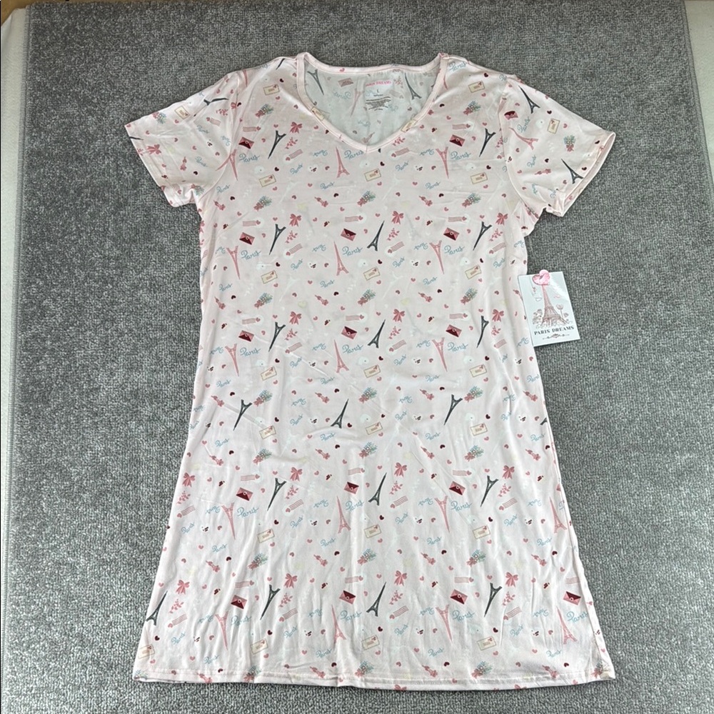 NWT Paris Dreams Short Sleeve Pink Floral Nightgown Dress Womens L Pajama PJ
